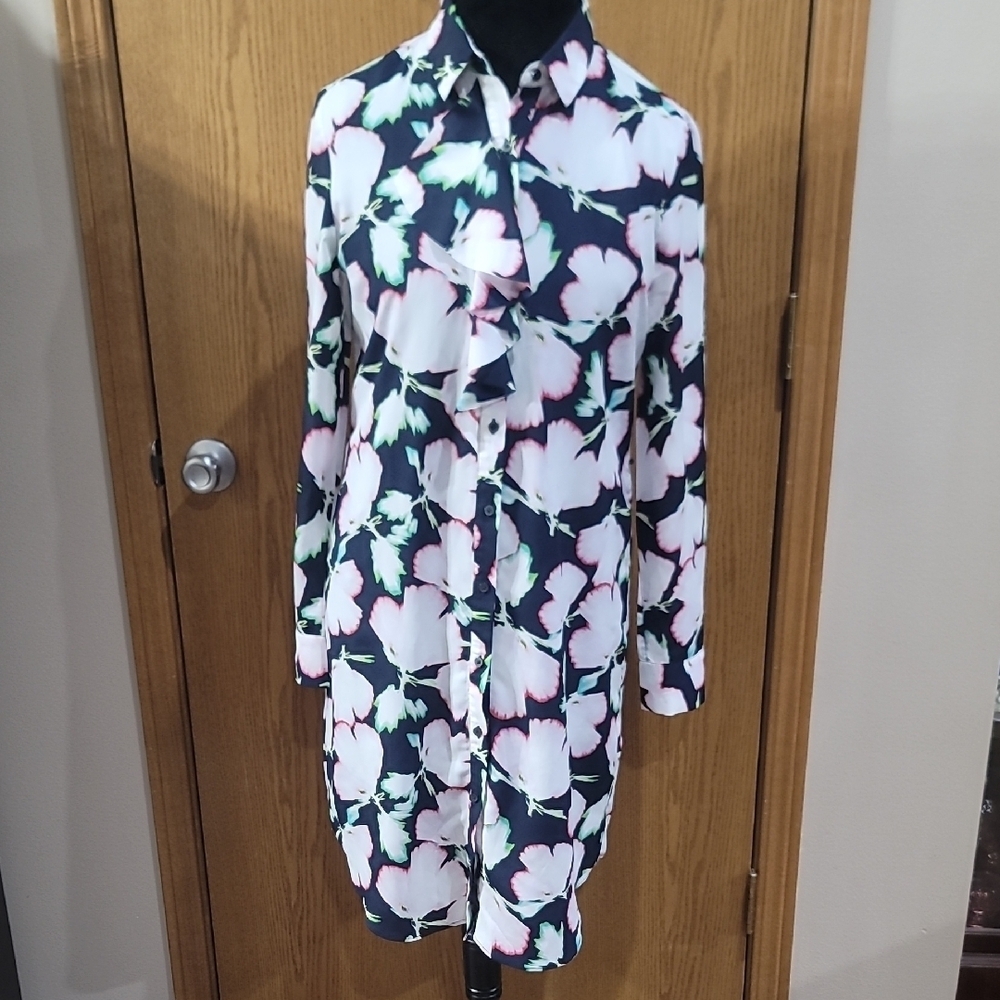 Banana Republic Navy and Pink Floral Dress Shirt Dress Lined Lightweight